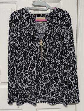 MICHAEL Michael Kors Black & White Lace-Print Zip Pullover Blouse